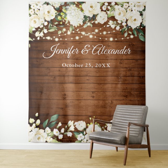 White Roses Greenery Wedding Photo Booth Backdrop Tapestry (In Situ)