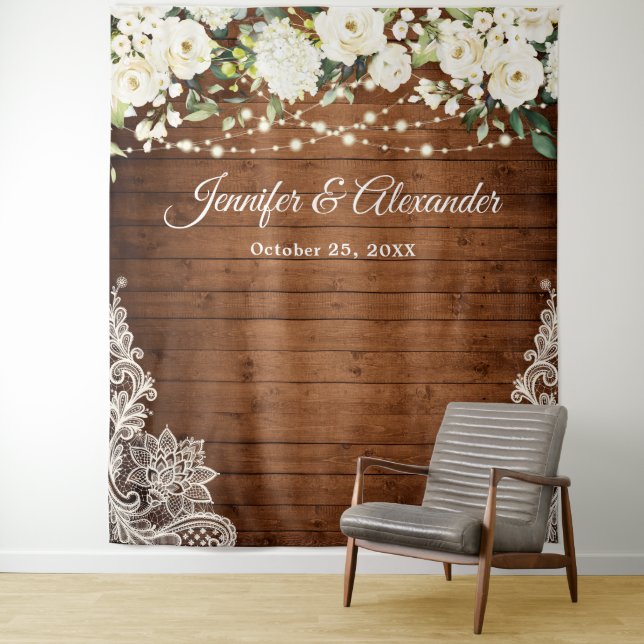 White Roses Greenery Wedding Photo Booth Backdrop Tapestry (In Situ)