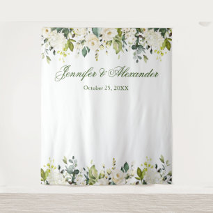 White Roses Greenery Wedding Photo Booth Backdrop Tapestry