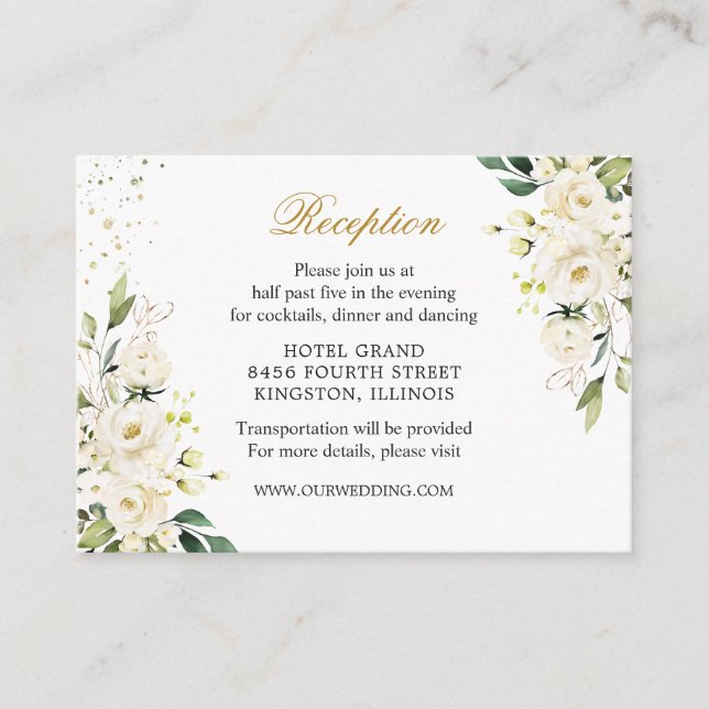 White Roses Greenery Wedding Reception Enclosure  Card (Front)