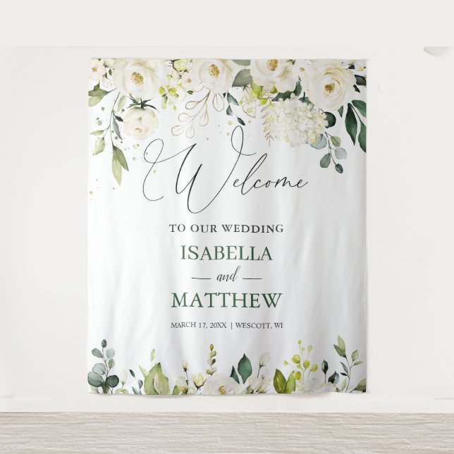 White Roses Greenery Wedding Welcome Sign Tapestry (Front)
