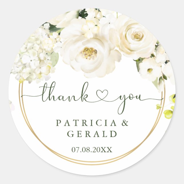 White Roses Heart Wedding Thank You  Classic Round Sticker (Front)