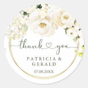 White Roses Heart Wedding Thank You Classic Round Sticker