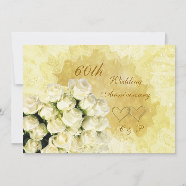 White roses, hearts 60th Wedding Anniversary Invitation (Front)