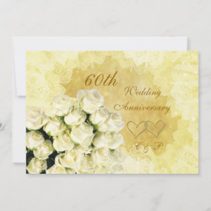 White roses, hearts 60th Wedding Anniversary Invitation