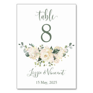 White roses, hydrangea, green foliage Table Number