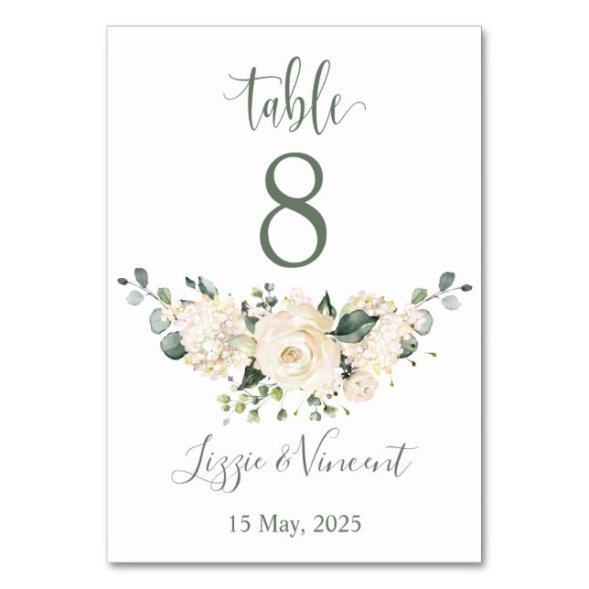 White roses, hydrangea, green foliage Table Number (Front)