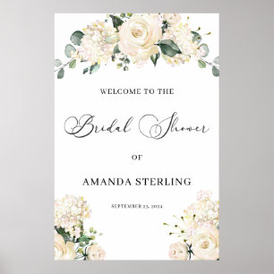 White Roses hydrangeas greenery welcome sign