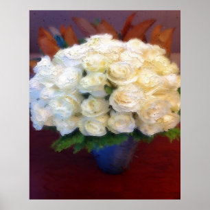 White roses in a blue vase poster