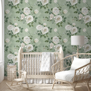 White roses in light green wallpaper