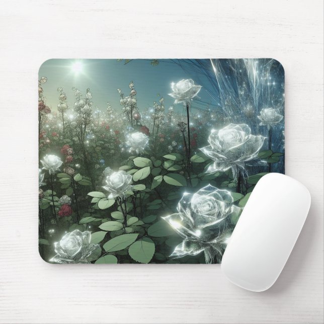 White Roses In Magical Garden Mouse Mat (With Mouse)