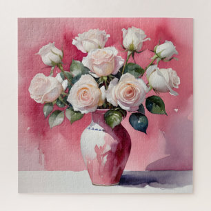 White roses in pink vase jigsaw puzzle
