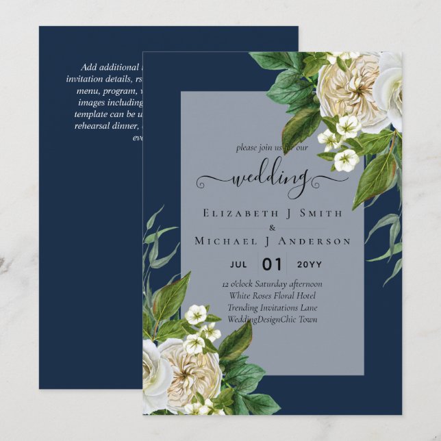WHITE ROSES Invitations WEDDING CHIC  (Front/Back)