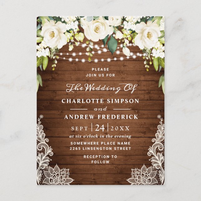 White Roses Lace Rustic Wedding Invitation Card (Front)