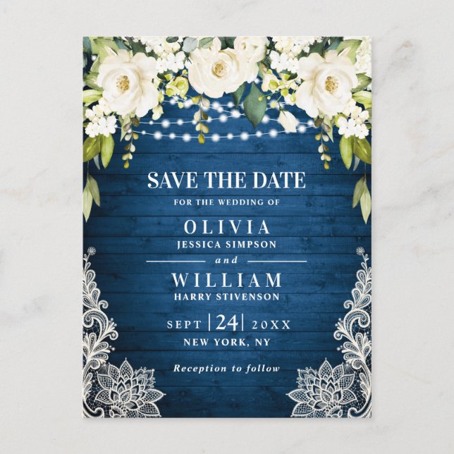 White Roses Lace Rustic Wedding Save the Date Postcard (Front)