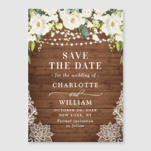 White Roses Lace Save the Date Magnetic Card