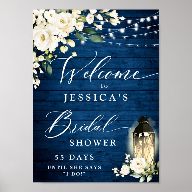 White Roses Lantern Blue Wood Bridal Shower Poster (Front)