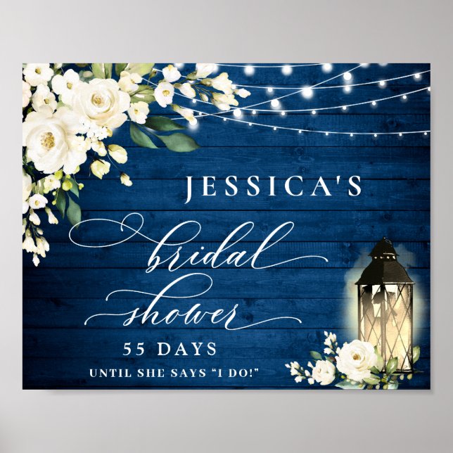 White Roses Lantern Blue Wood Bridal Shower Poster (Front)