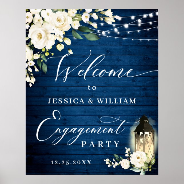 White Roses Lantern Blue Wood Engagement Party Poster (Front)
