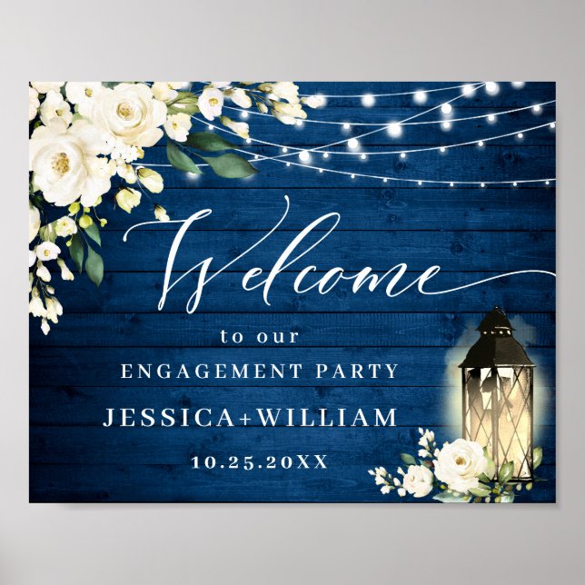 White Roses Lantern Blue Wood ENGAGEMENT PARTY Poster (Front)