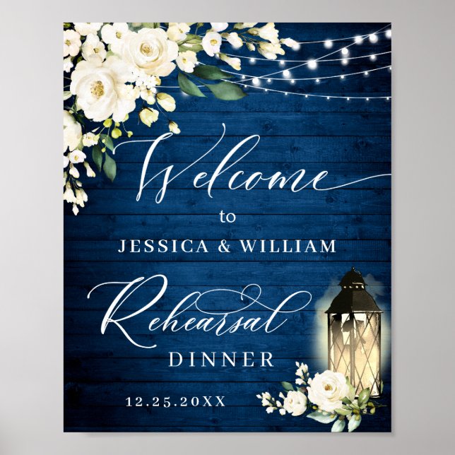 White Roses Lantern Blue Wood Rehearsal Dinner Poster (Front)