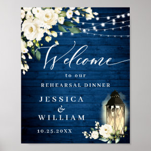 White Roses Lantern Blue Wood Rehearsal Dinner Poster