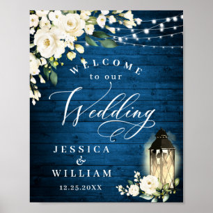 White Roses Lantern Blue Wood Welcome Wedding Poster