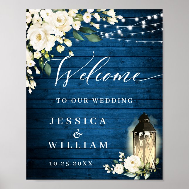 White Roses Lantern Blue Wood Welcome Wedding Poster (Front)
