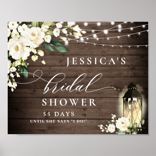 White Roses Lantern Brown Wood Bridal Shower Poster (Front)