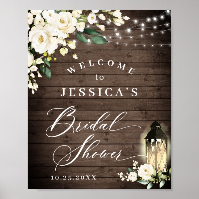 White Roses Lantern Rustic Wood Bridal Shower Poster (Front)