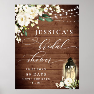 White Roses Lantern Rustic Wood Bridal Shower Poster