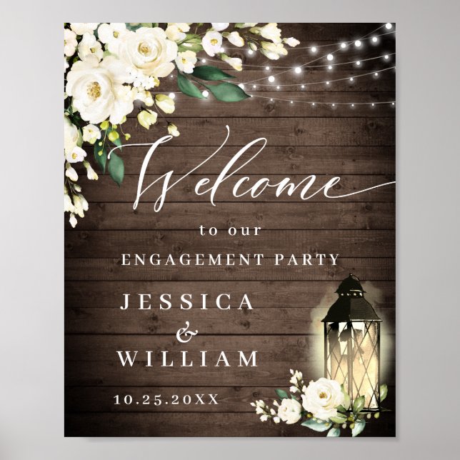 White Roses Lantern Rustic Wood Engagement Party Poster (Front)