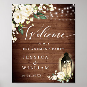 White Roses Lantern Rustic Wood Engagement Party Poster