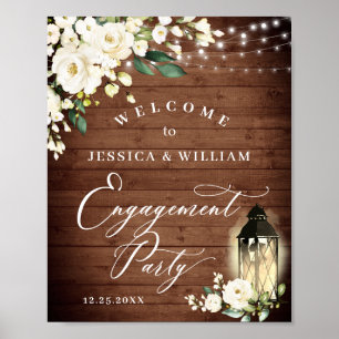 White Roses Lantern Rustic Wood Engagement Party Poster