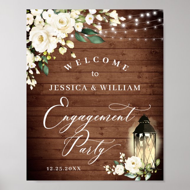 White Roses Lantern Rustic Wood Engagement Party Poster (Front)