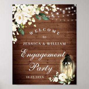 White Roses Lantern Rustic Wood Engagement Party Poster