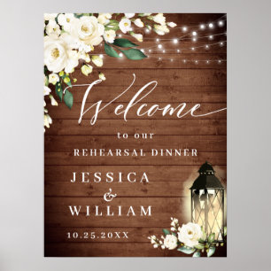 White Roses Lantern Rustic Wood Rehearsal Dinner Poster