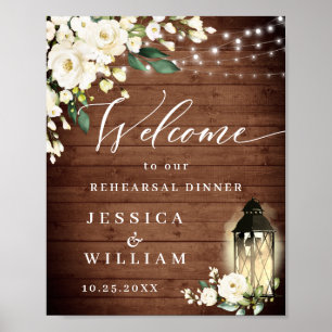 White Roses Lantern Rustic Wood Rehearsal Dinner Poster