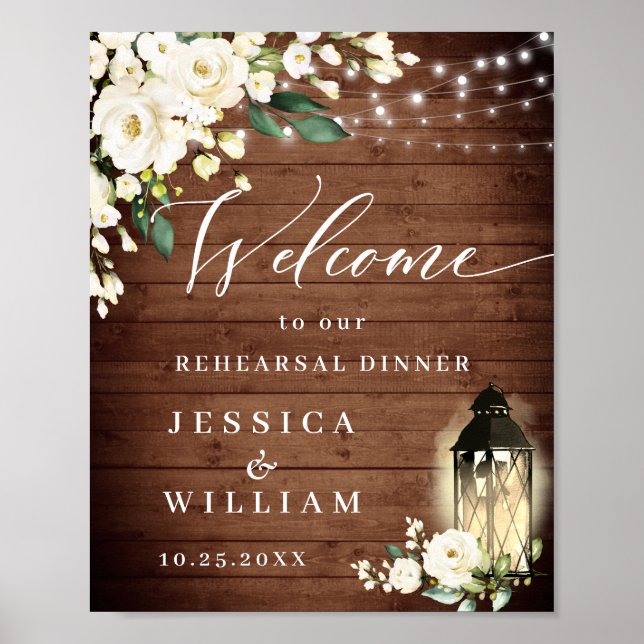 White Roses Lantern Rustic Wood Rehearsal Dinner Poster (Front)