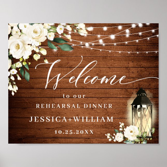 White Roses Lantern Rustic Wood Rehearsal Dinner Poster (Front)