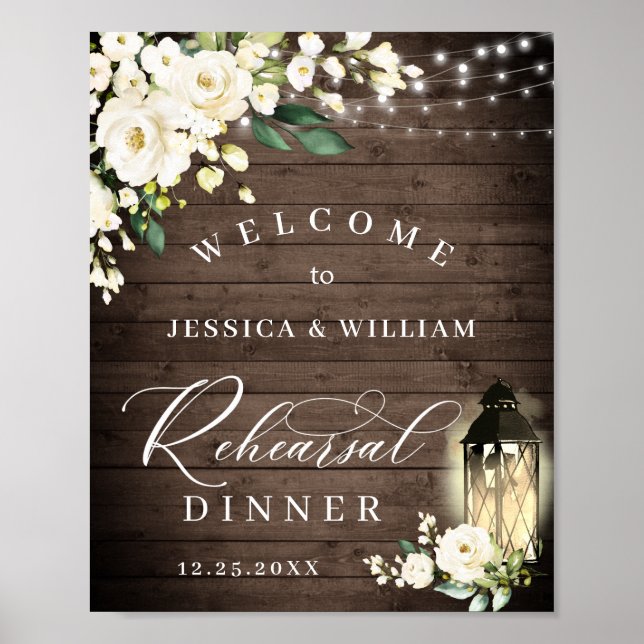 White Roses Lantern Rustic Wood Rehearsal Dinner Poster (Front)