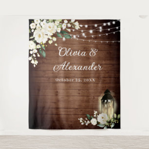 White Roses Lantern Rustic Wood Wedding Backdrop Tapestry