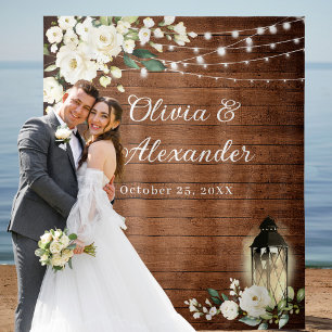 White Roses Lantern Rustic Wood Wedding Backdrop Tapestry
