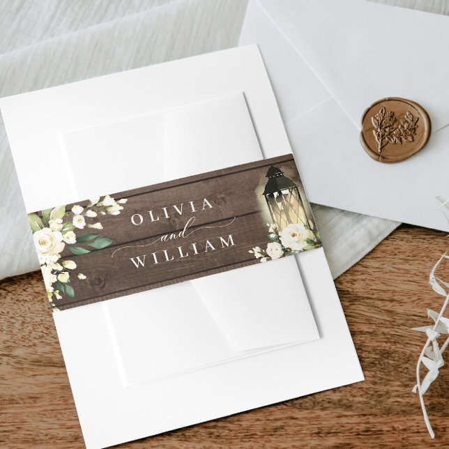 White Roses Lantern Rustic Wood Wedding Invitation Belly Band (Creator Uploaded)