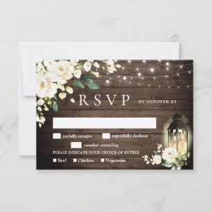 White Roses Lantern Rustic Wood Wedding RSVP Card