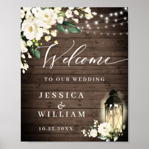 White Roses Lantern Rustic Wood Welcome Wedding Poster