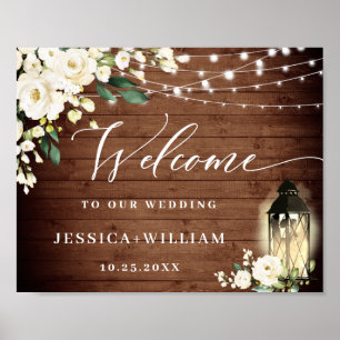 White Roses Lantern Rustic Wood Welcome Wedding Poster