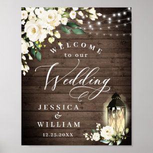 White Roses Lantern Rustic Wood Welcome Wedding Poster