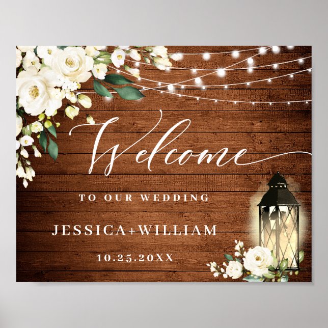 White Roses Lantern Rustic Wood Welcome Wedding Poster (Front)