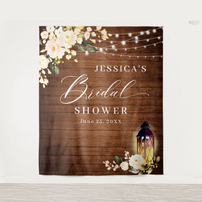 White Roses Lantern Wood Bridal Shower Backdrop Tapestry (Front)